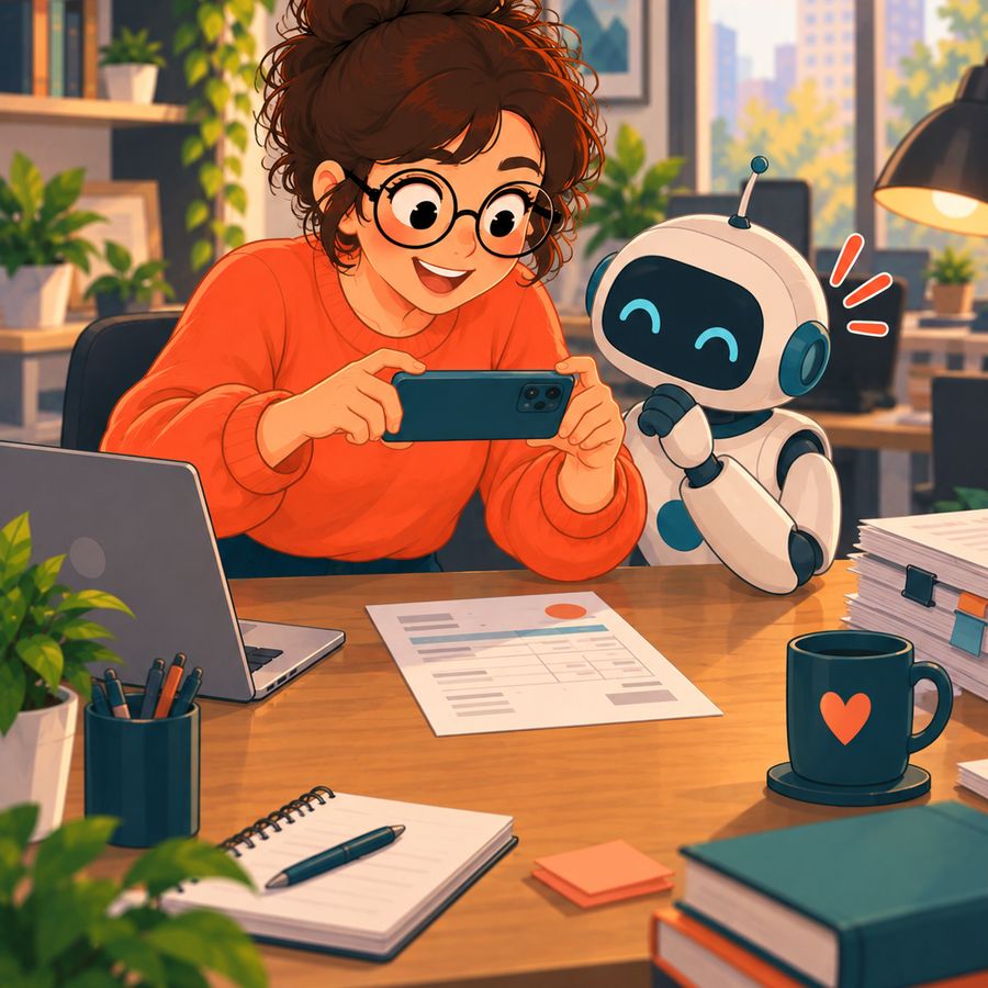 Ilustración de Laura usando IA en su teléfono con un pequeño robot